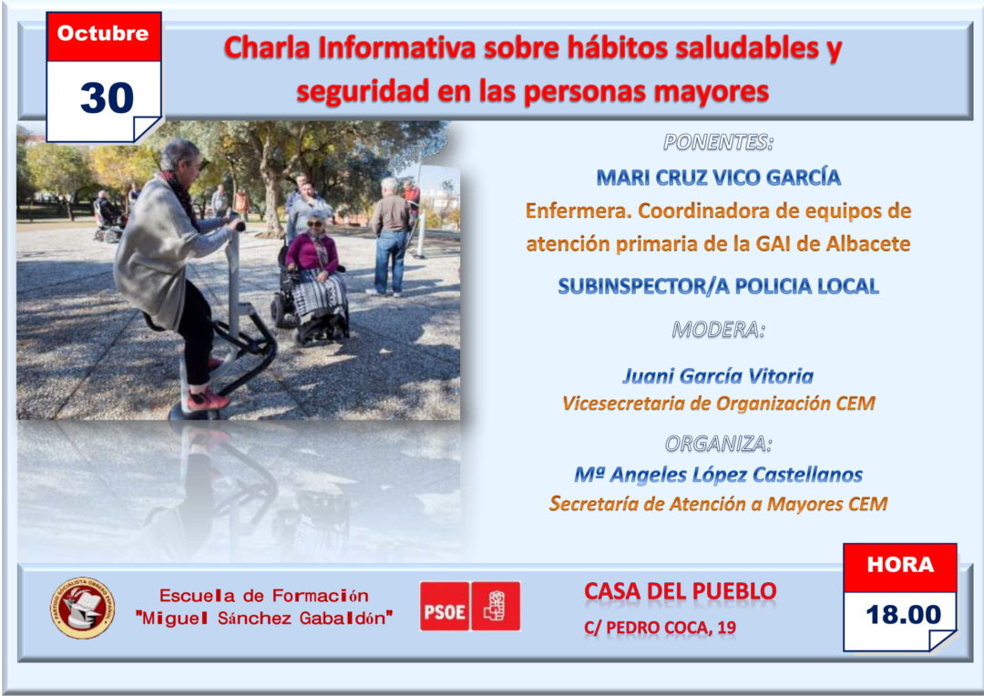 LA CASA DEL PUEBLO ACOGERÁ UNA CONFERENCIA SOBRE HÁBITOS SALUDABLES Y SEGURIDAD DIRIGIDA A PERSONAS MAYORES